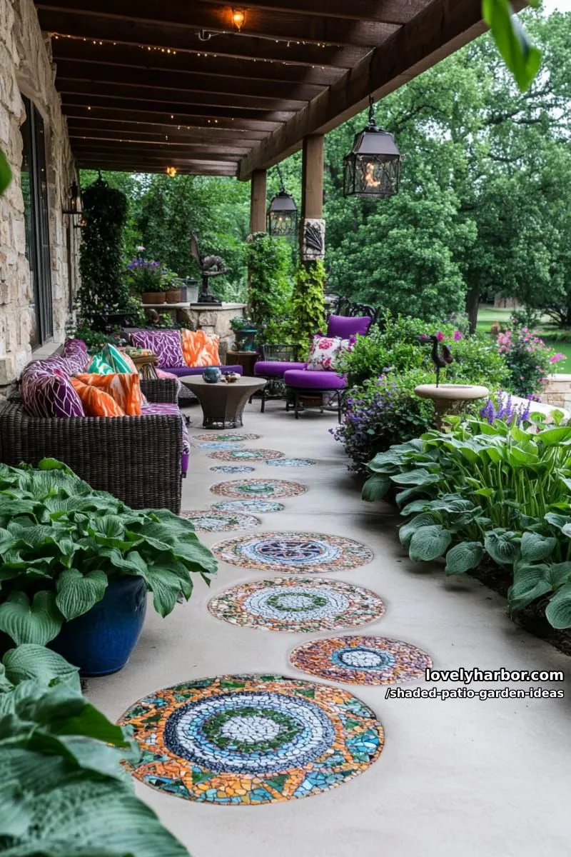 15 Dreamy Shaded Patio Garden Ideas to Inspire Your Backyard 42 colorful mosaic stepping stones winding through layered hosta beds 1