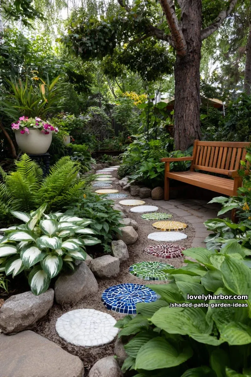 15 Dreamy Shaded Patio Garden Ideas to Inspire Your Backyard 43 colorful mosaic stepping stones winding through layered hosta beds 1