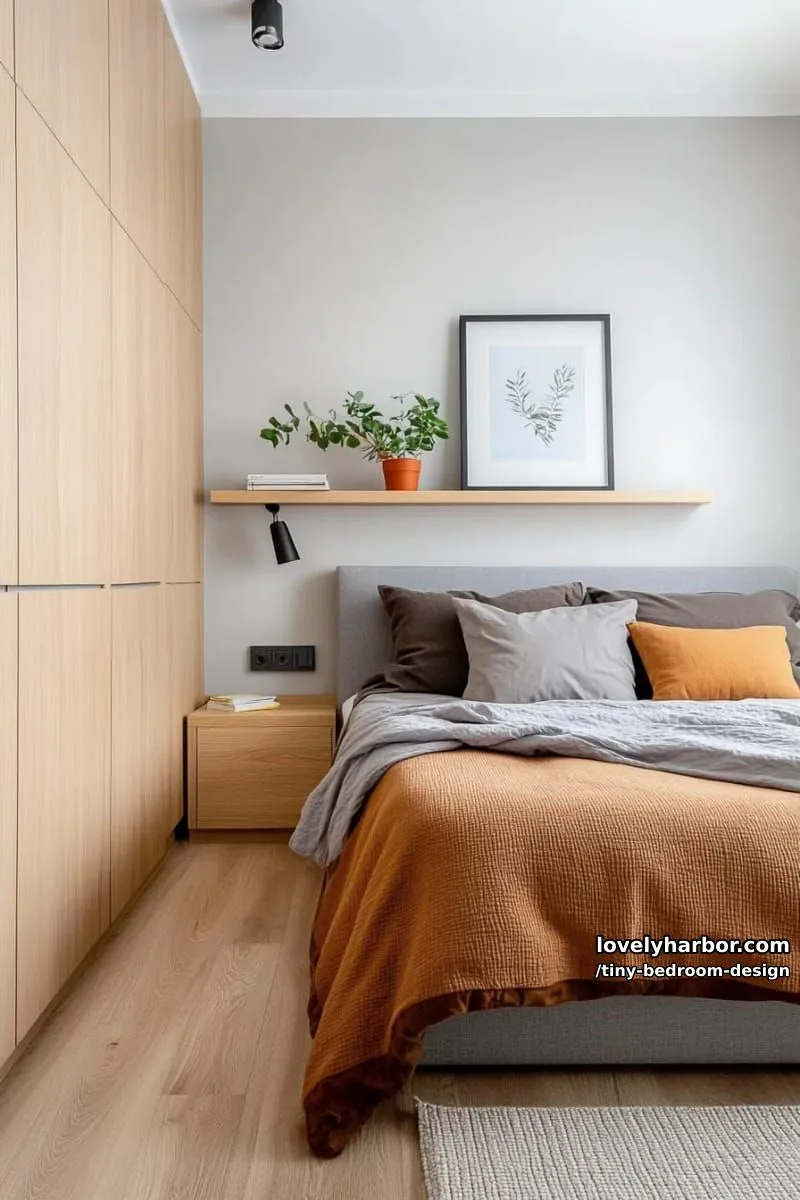 compact bedroom with gray and brown bedding, floating shelf, and built-in wardrobe. 1