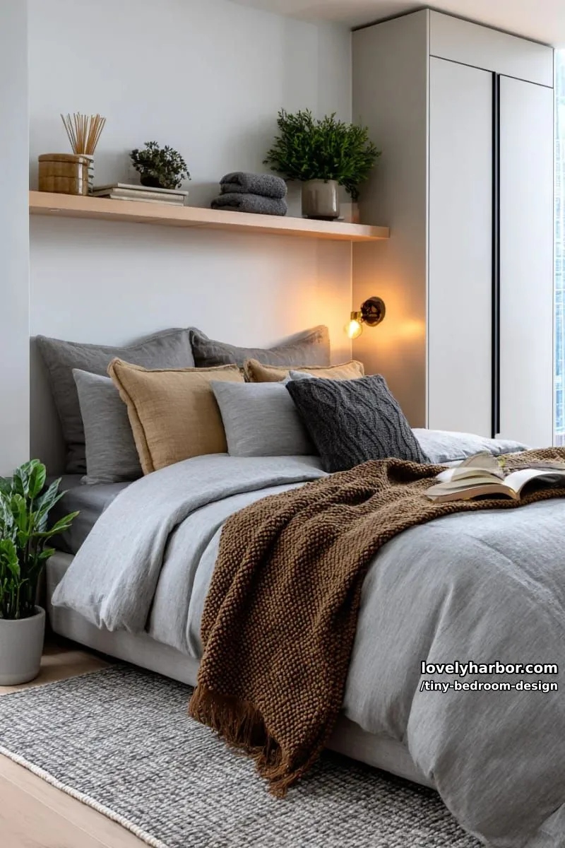compact bedroom with gray and brown bedding, floating shelf, and built-in wardrobe. 1
