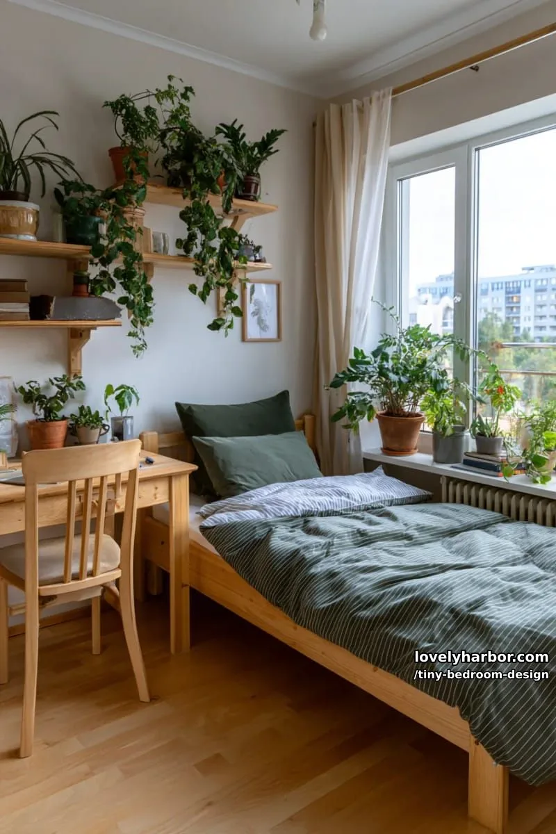 compact bedroom with green striped bedding, desk, and abundant plants. 1