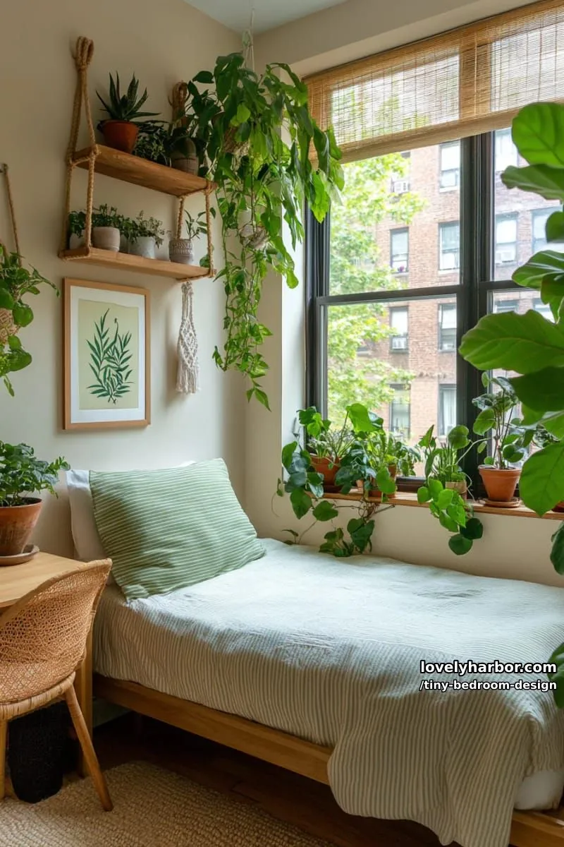 compact bedroom with green striped bedding, desk, and abundant plants. 1