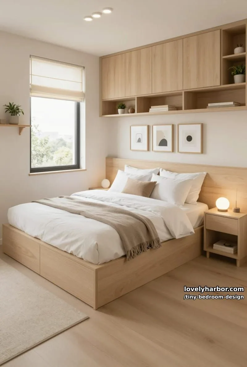 compact bedroom with integrated storage, open shelves, and neutral palette. 1