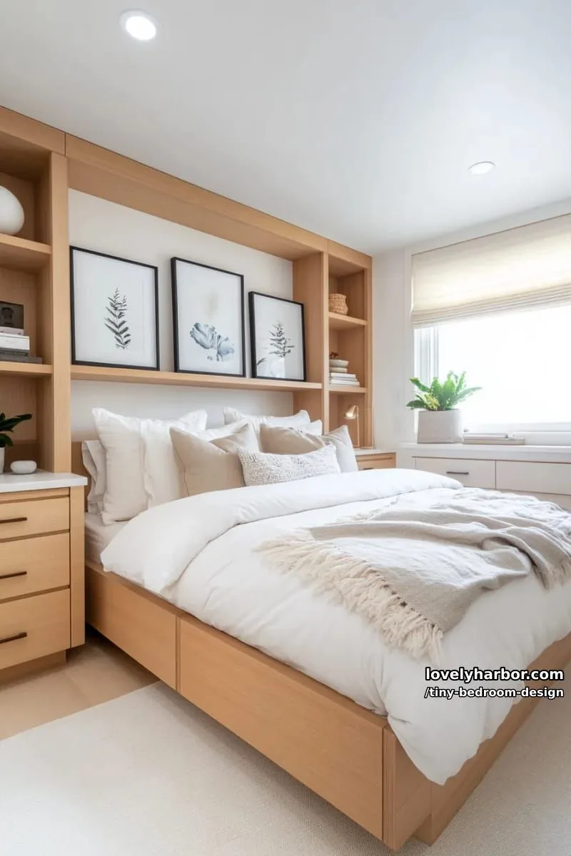 compact bedroom with integrated storage, open shelves, and neutral palette. 1