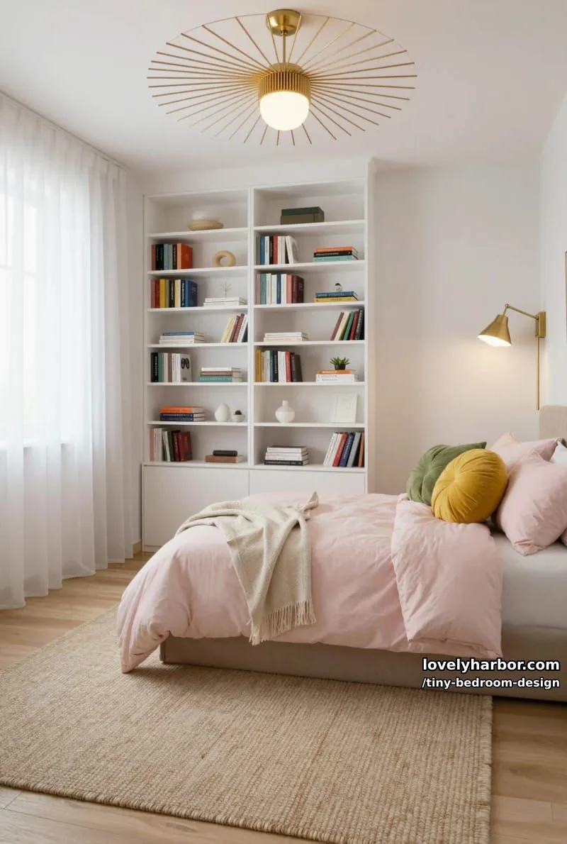 compact bedroom with pastel bedding, built-in shelves, and brass wall lamp. 1