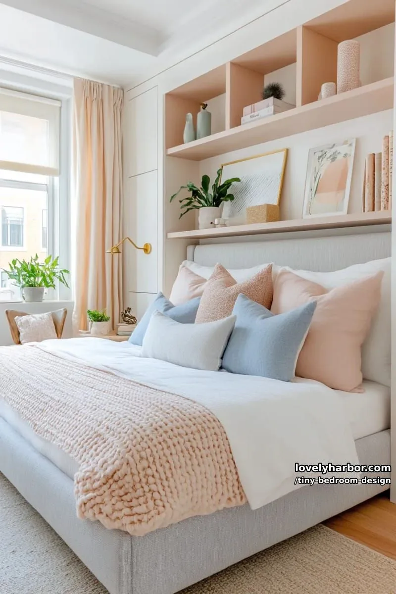 compact bedroom with pastel bedding, built-in shelves, and brass wall lamp. 1