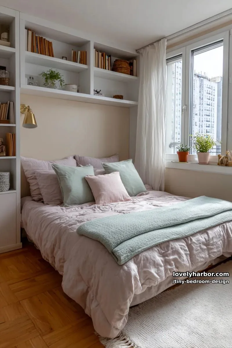 compact bedroom with pastel bedding, built-in shelves, and brass wall lamp. 1