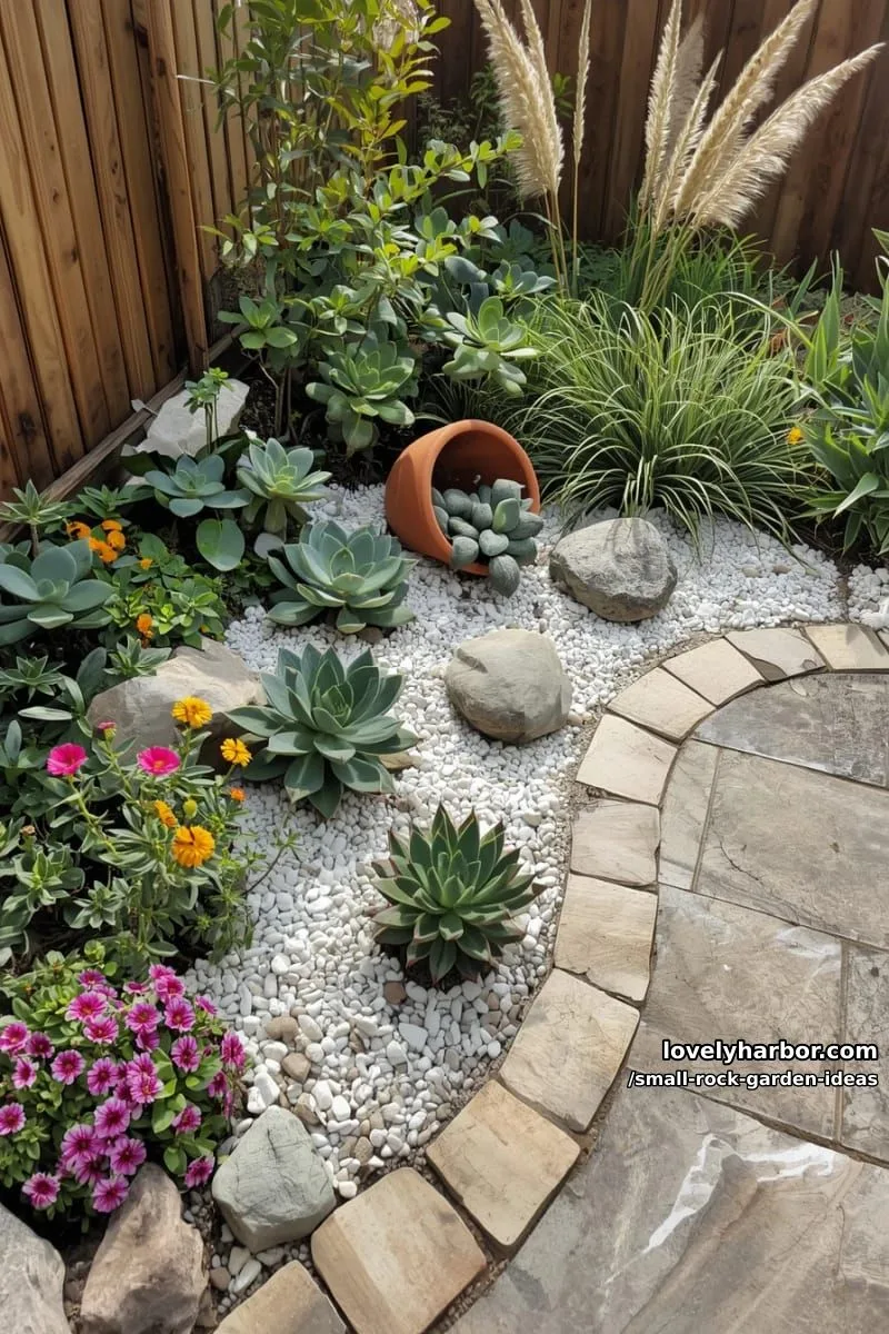 compact corner garden with curved stone border and tipped terracotta pot. 1