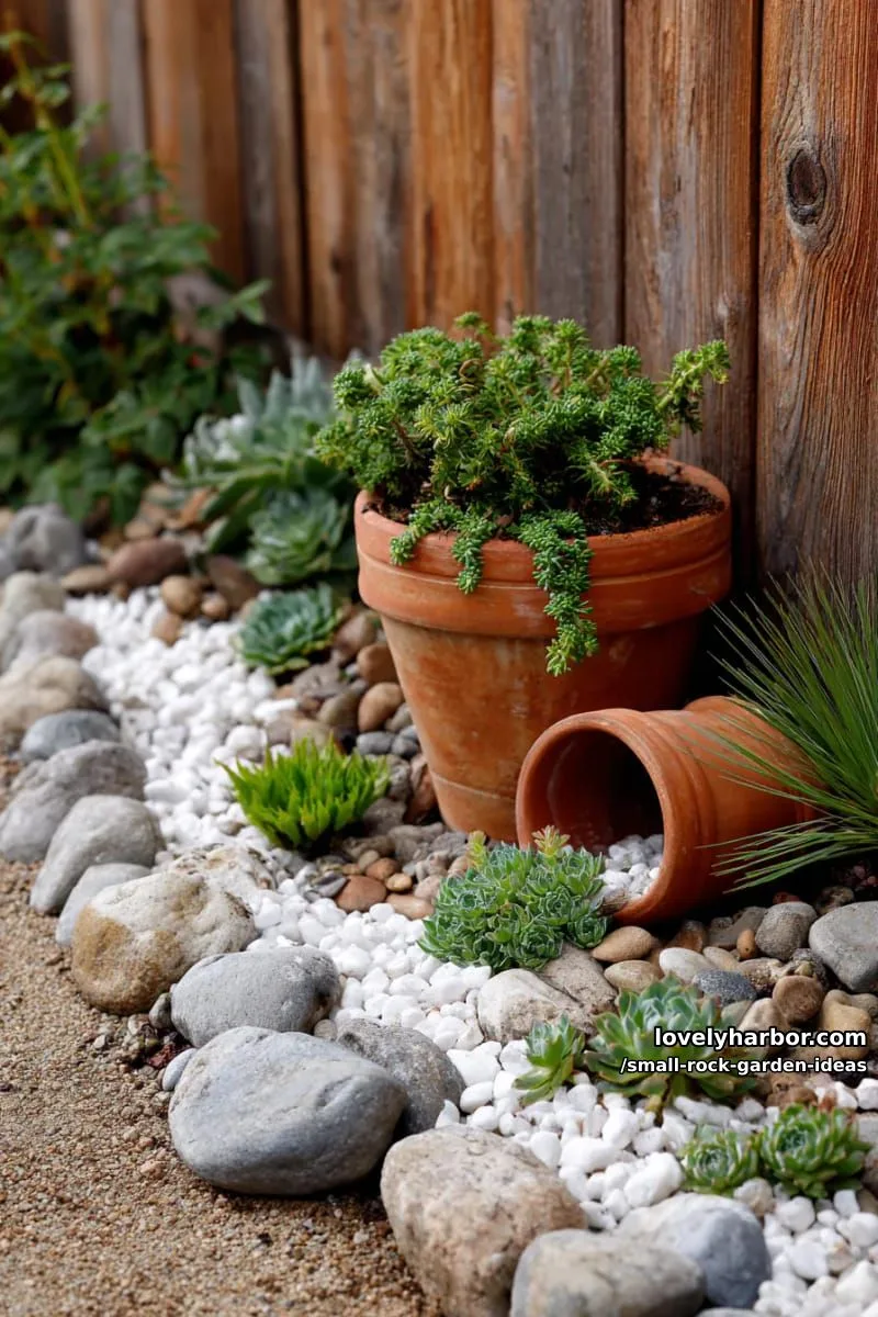 compact corner garden with curved stone border and tipped terracotta pot. 1