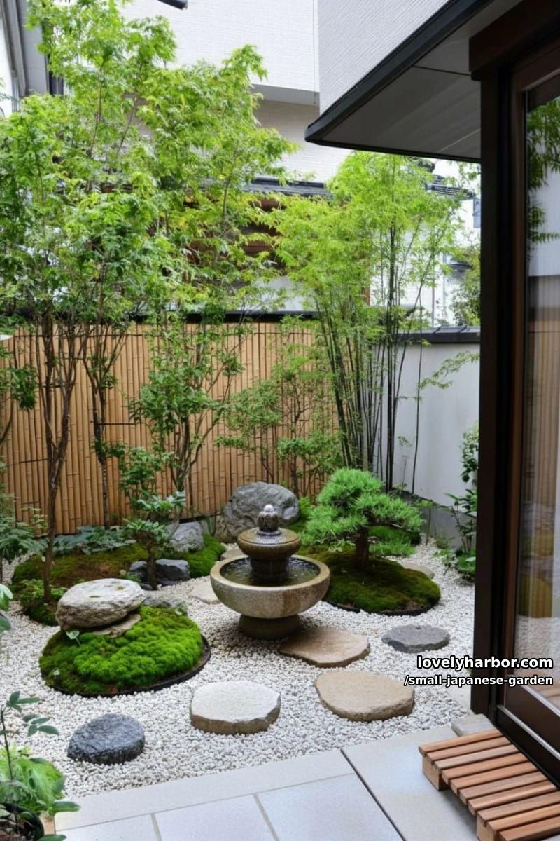 compact japanese garden with stacked stones, bonsai, bamboo, and water features 1