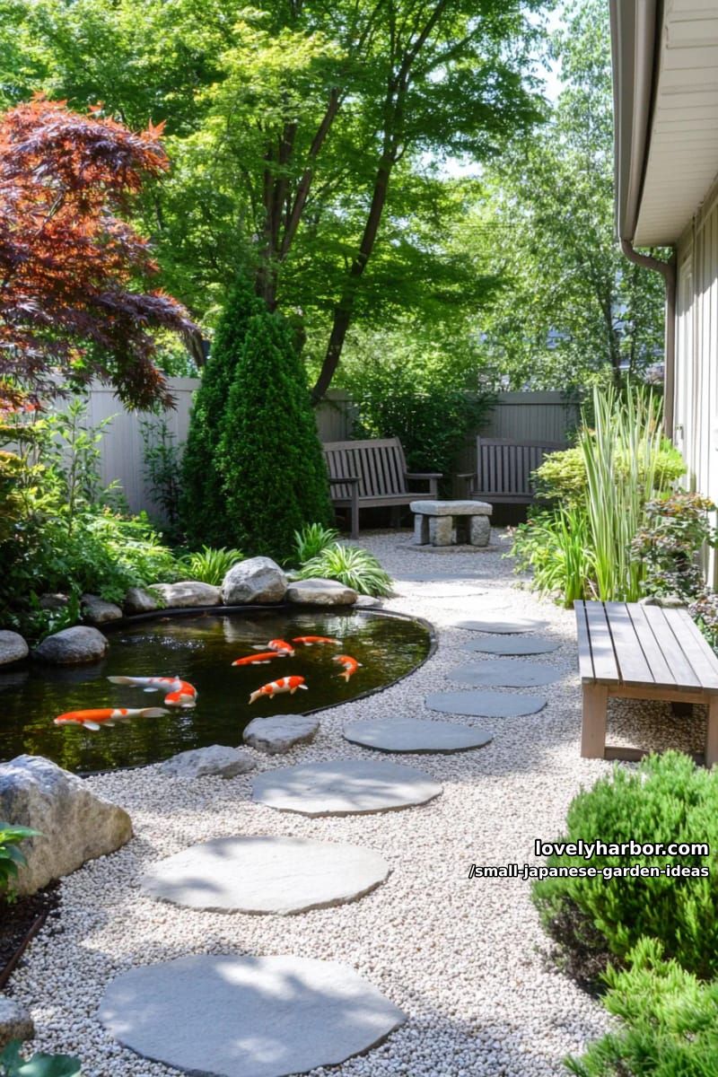 compact japanese garden with stepping stones, koi pond, and minimalist benches. 1