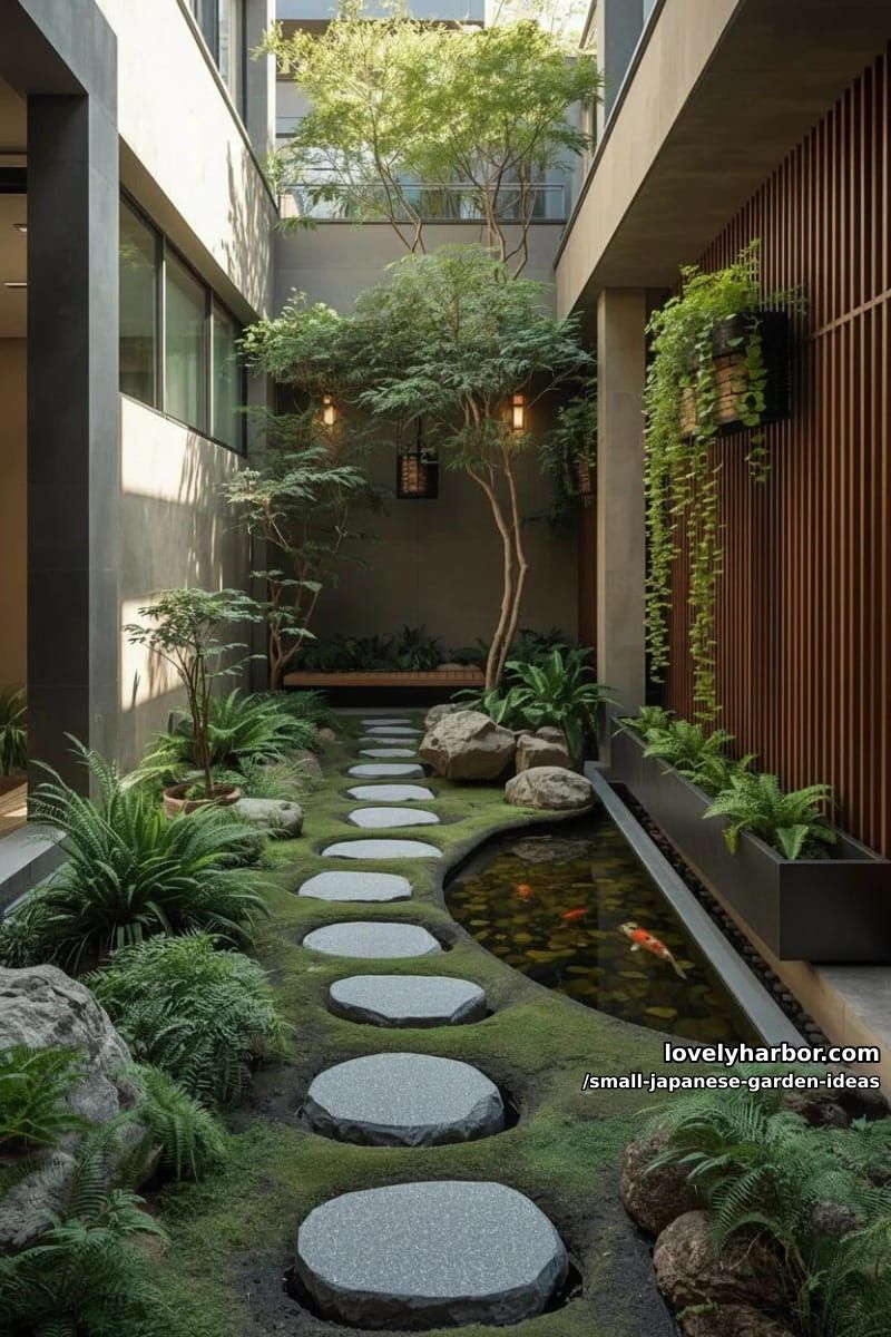compact japanese garden with stepping stones, koi pond, and minimalist benches. 1
