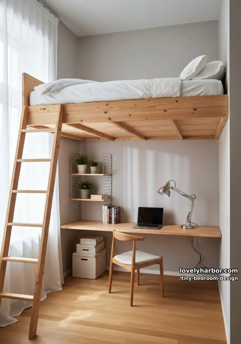 compact loft bedroom with workspace under raised wooden bed. 1