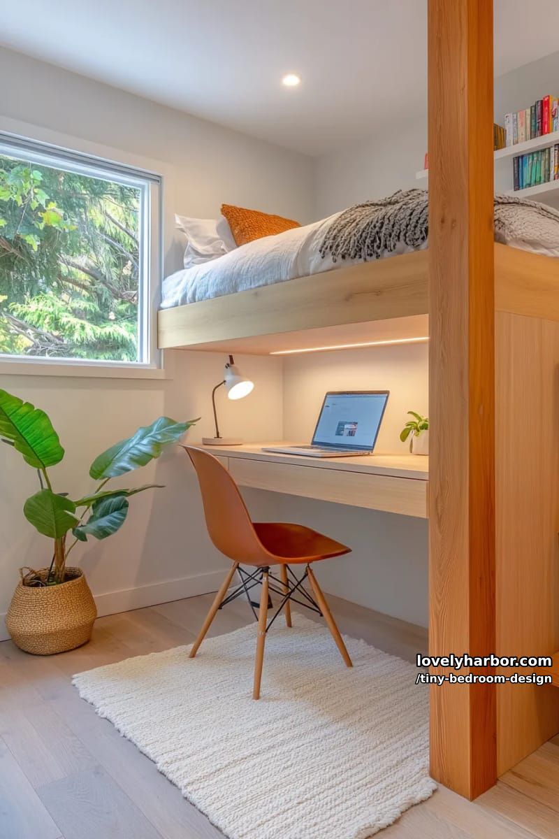 compact loft bedroom with workspace under raised wooden bed. 1