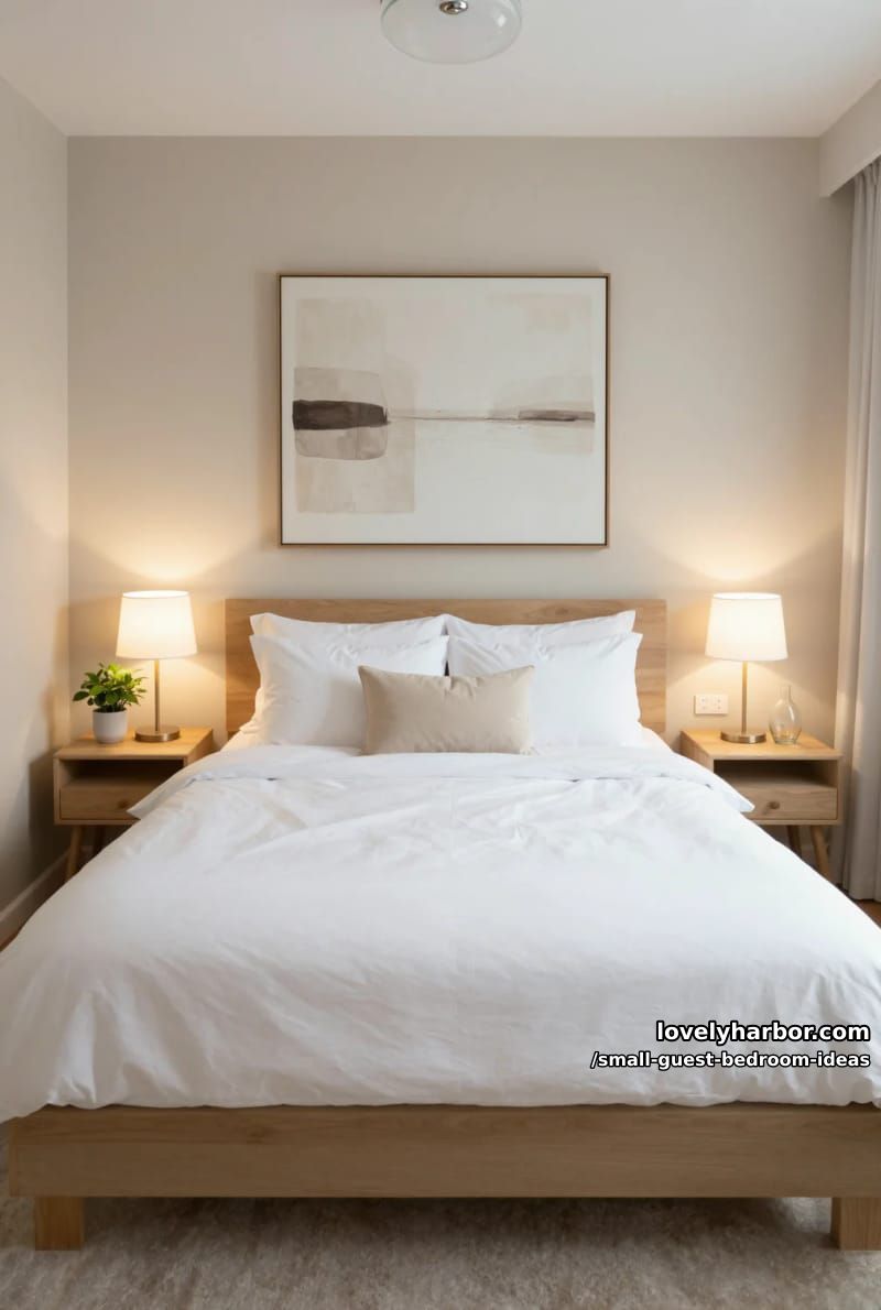 compact modern bedroom with abstract art and matching wood nightstands. 1