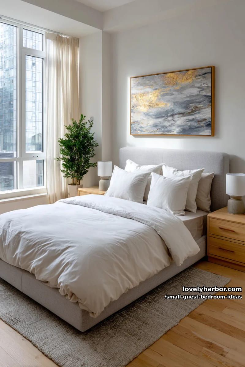 compact modern bedroom with abstract art and matching wood nightstands. 1