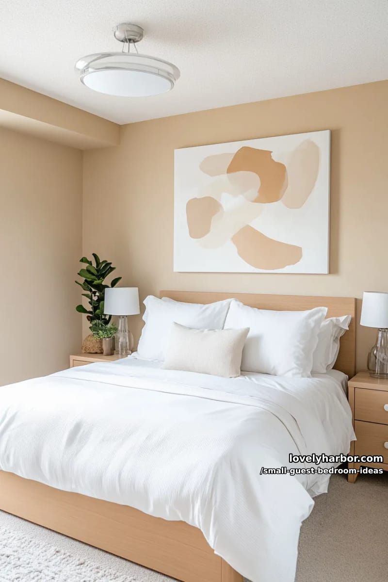 compact modern bedroom with abstract art and matching wood nightstands. 1