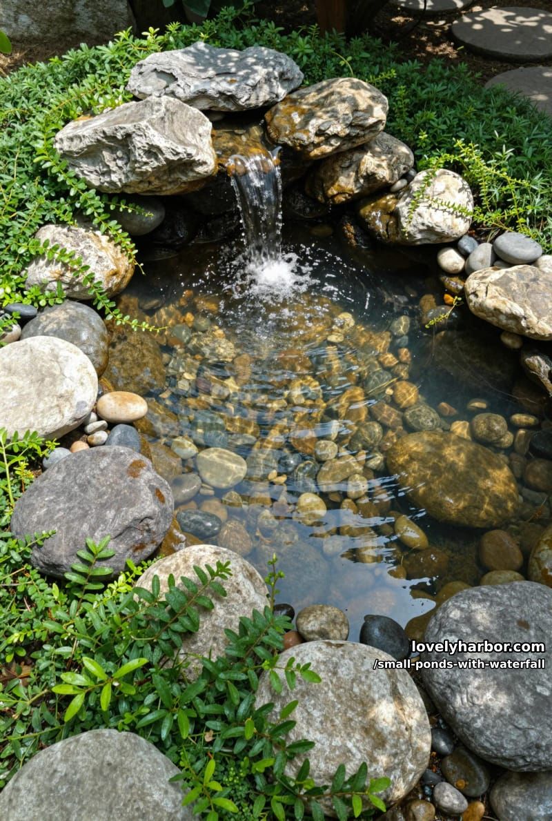 compact rock waterfall pond with creeping groundcover and river pebbles 1