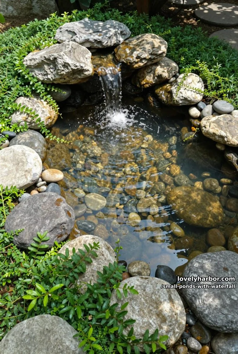 20 Small Ponds With Waterfall Designs For A Relaxing Outdoor Space 20 compact rock waterfall pond with creeping groundcover and river pebbles 1