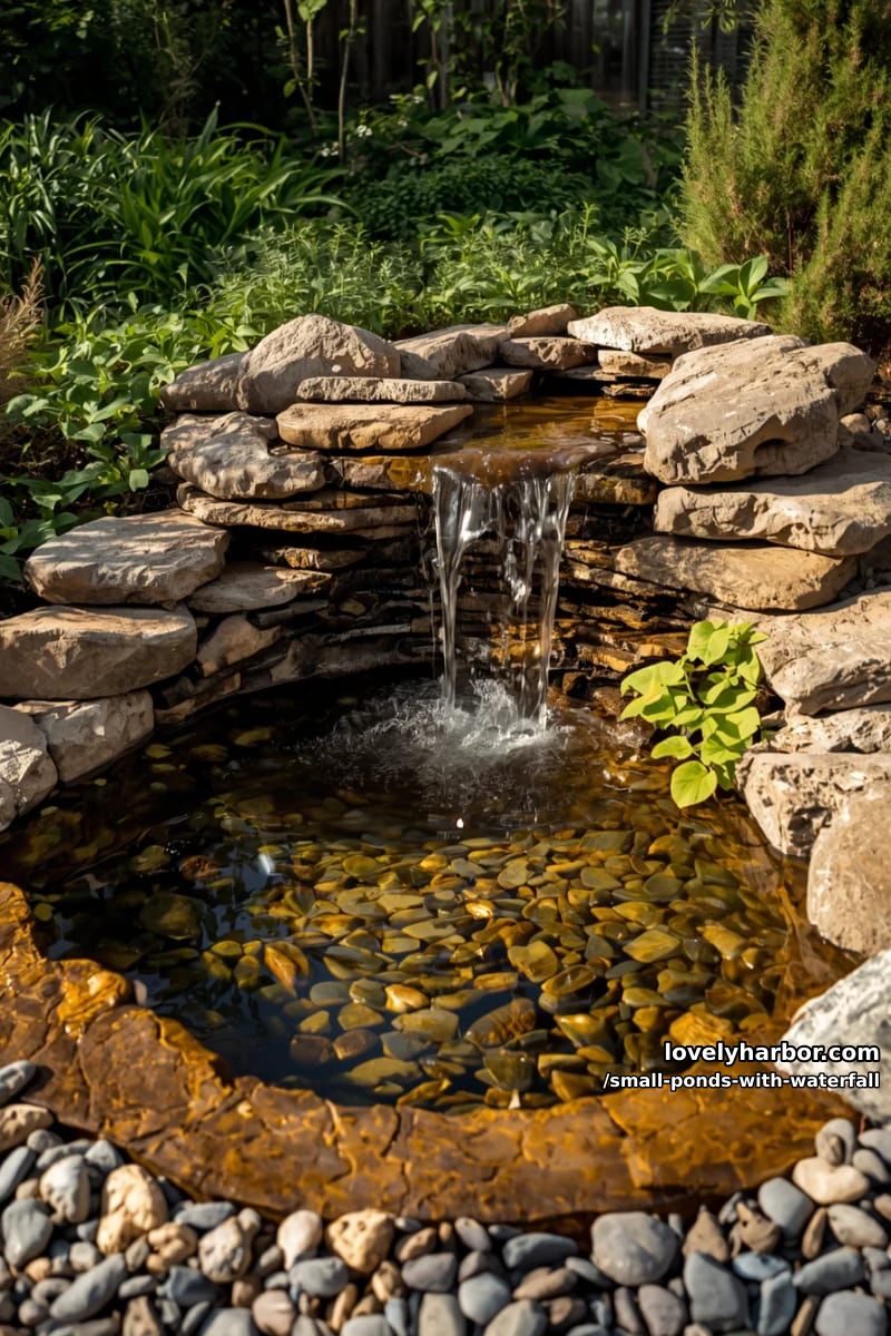 compact rock waterfall pond with creeping groundcover and river pebbles 1