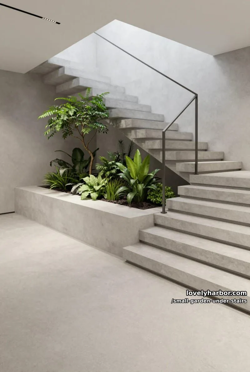 concrete floating staircase with lush indoor planter and minimalist lighting. 1