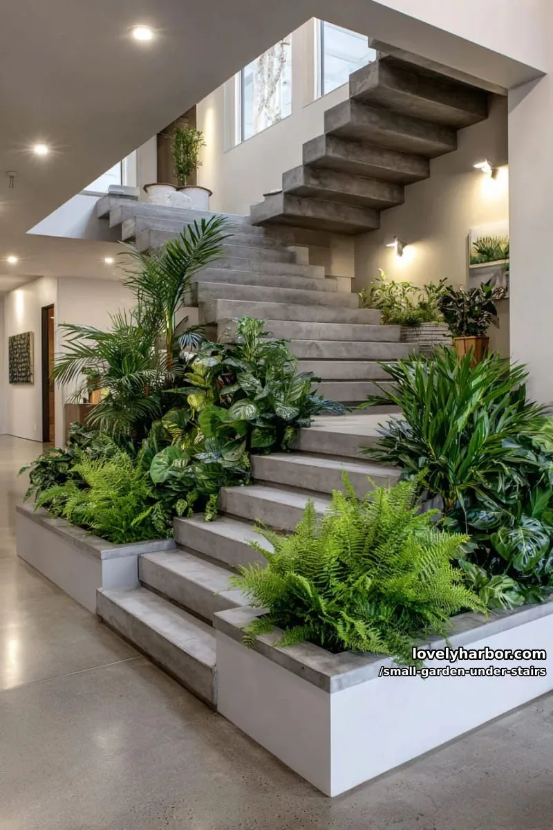 concrete floating staircase with lush indoor planter and minimalist lighting. 1
