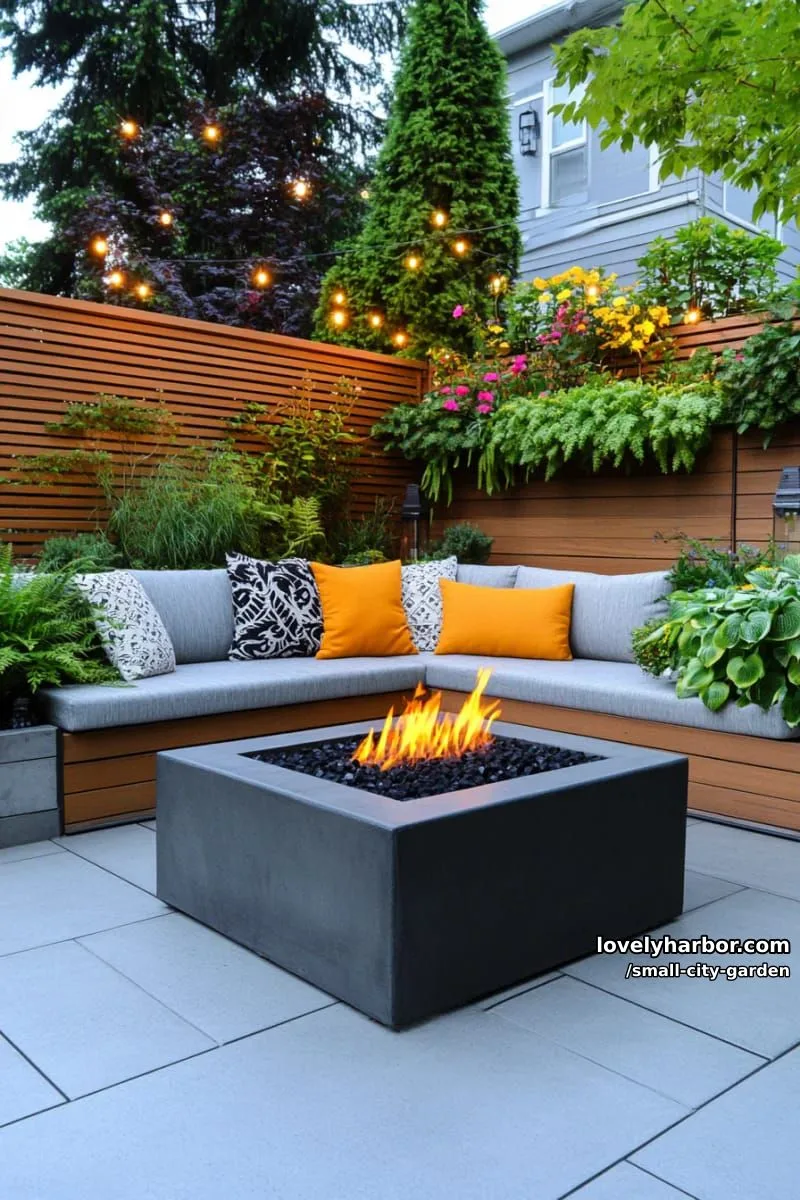 20 Small City Garden To Transform Your Space 10 concrete paver patio with black firepit, raised garden bed, and lush greenery. 1