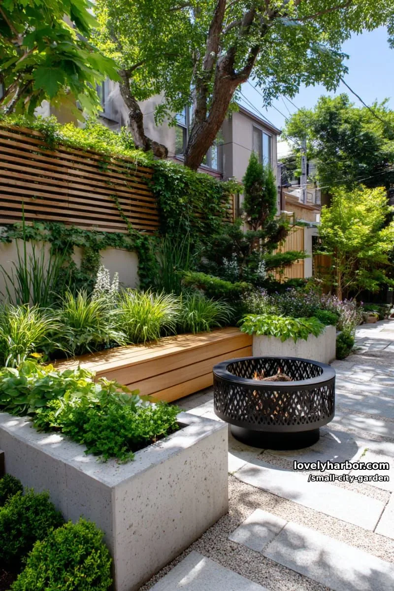 20 Small City Garden To Transform Your Space 11 concrete paver patio with black firepit, raised garden bed, and lush greenery. 1