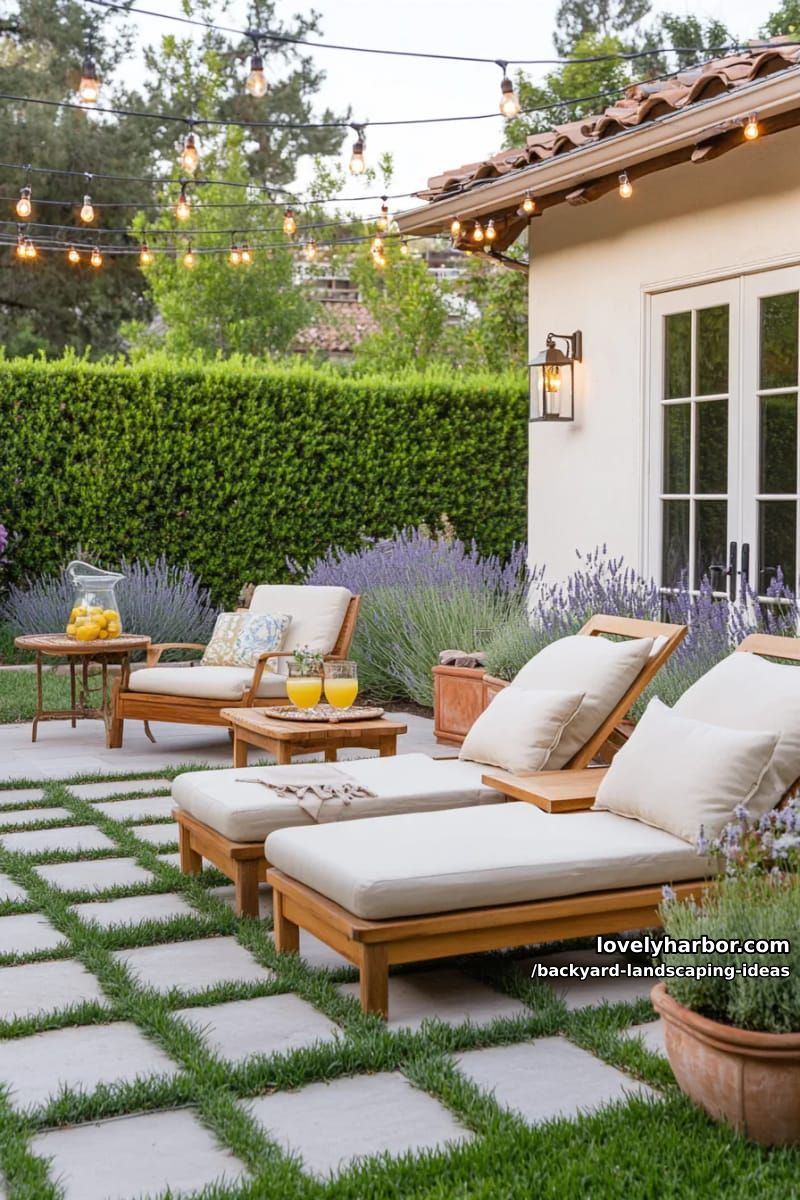 construct a checkerboard patio from alternating grass and stone squares. 1