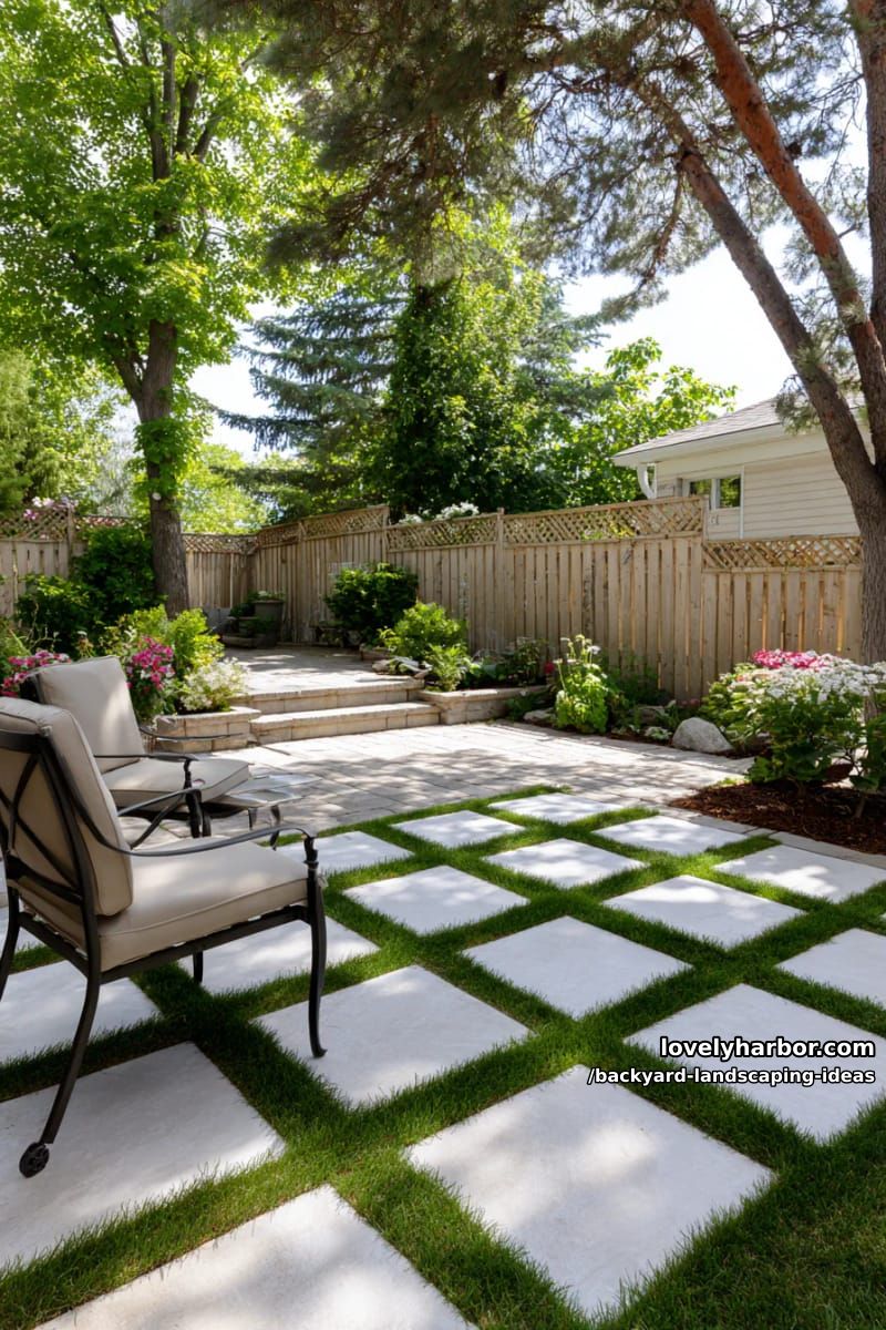 construct a checkerboard patio from alternating grass and stone squares. 1