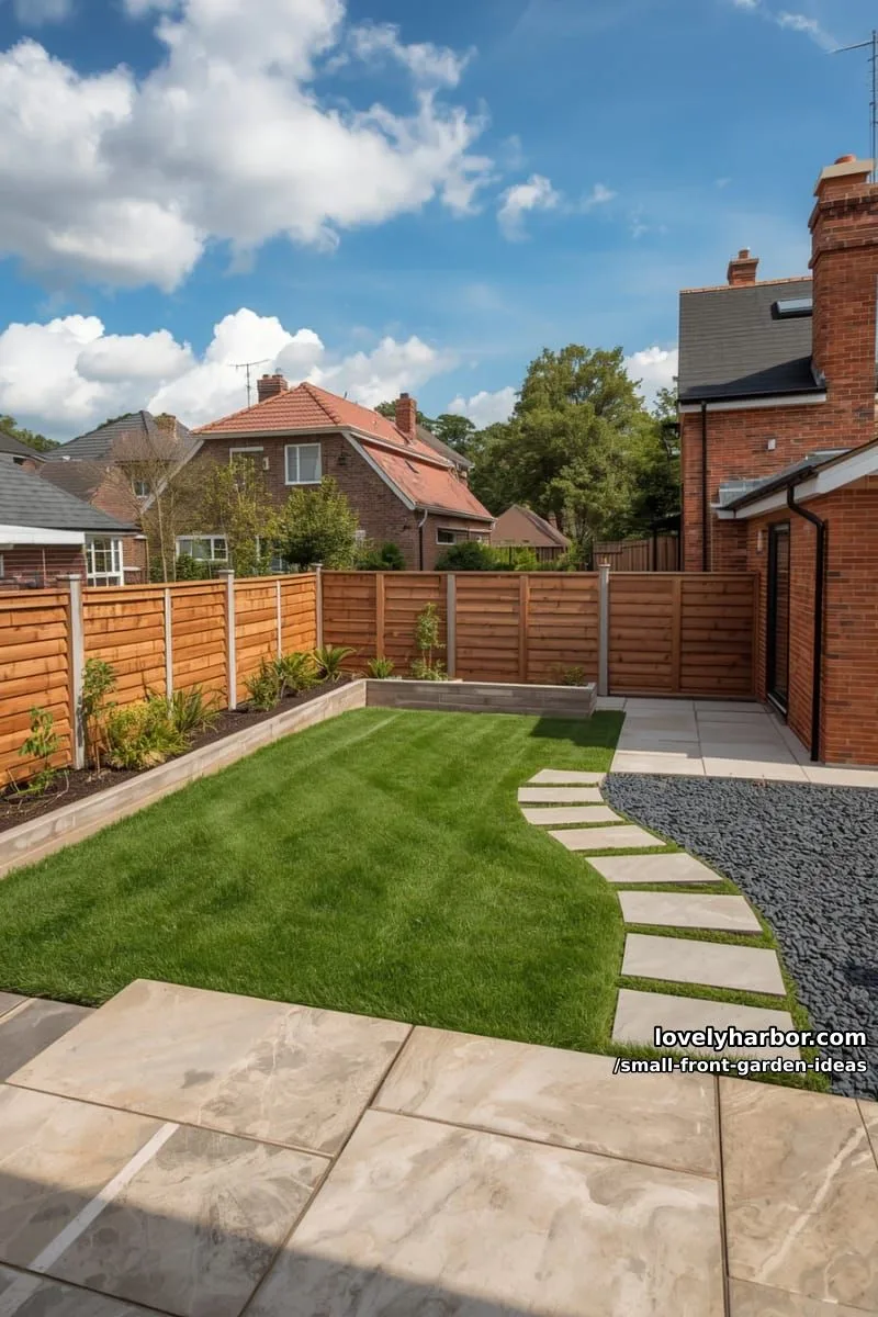 contemporary backyard with mowed grass, stone tile patio, and slab pathway. 1