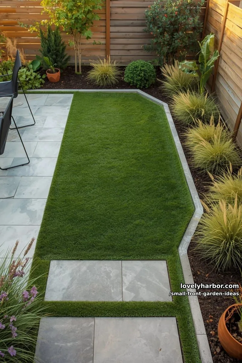contemporary backyard with mowed grass, stone tile patio, and slab pathway. 1