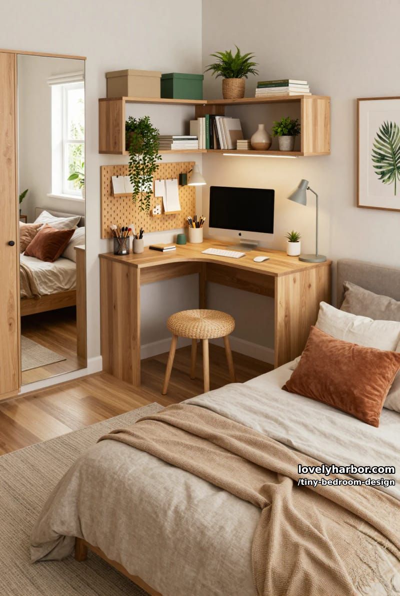 corner desk bedroom with open shelves, plants, and mirrored wardrobe. 1