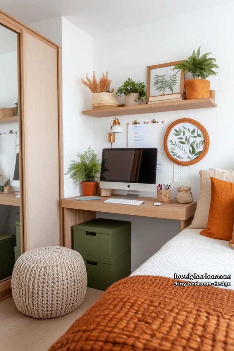 corner desk bedroom with open shelves, plants, and mirrored wardrobe. 1