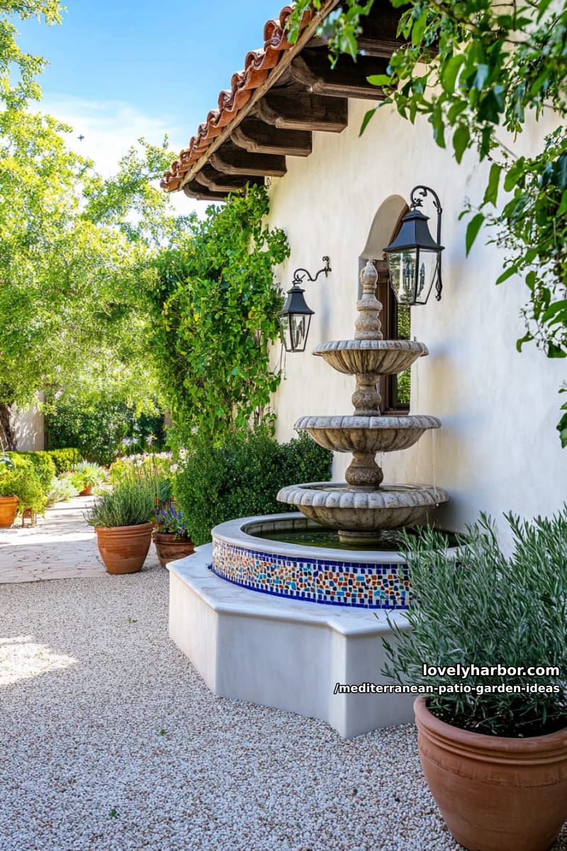 corner fountain with mediterranean tiles and lush olive-green shrubbery 1