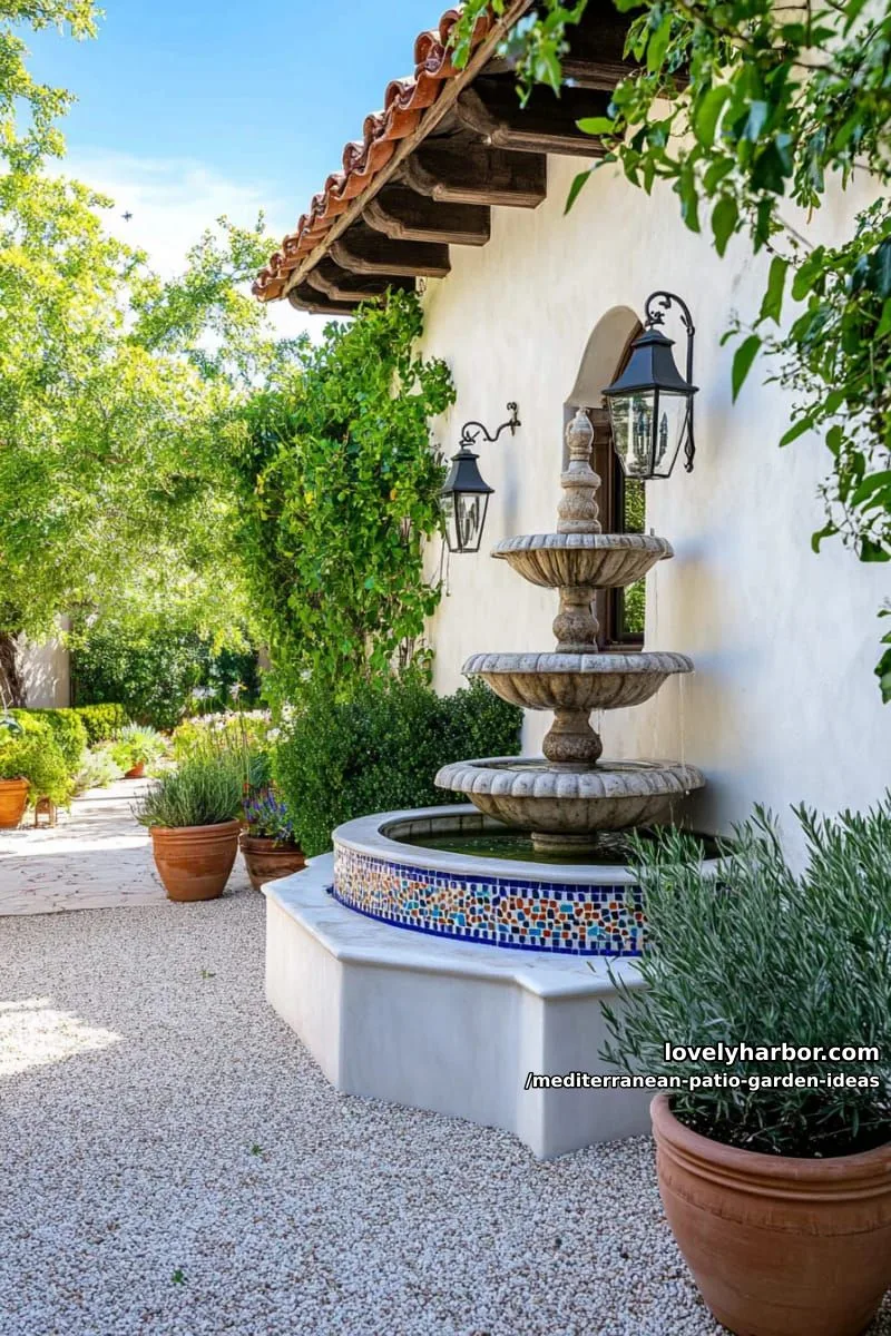 15 Mediterranean Patio Garden Ideas For A Dreamy Modern Homes 14 corner fountain with mediterranean tiles and lush olive-green shrubbery 1