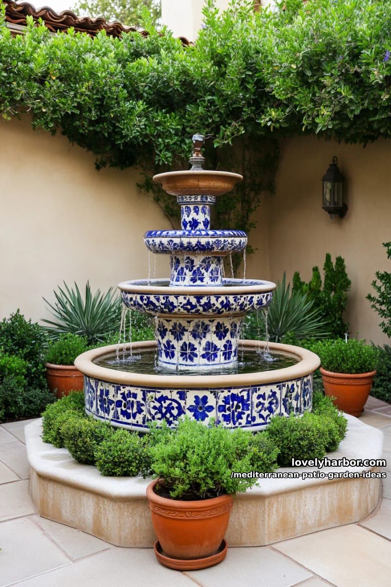 corner fountain with mediterranean tiles and lush olive-green shrubbery 1