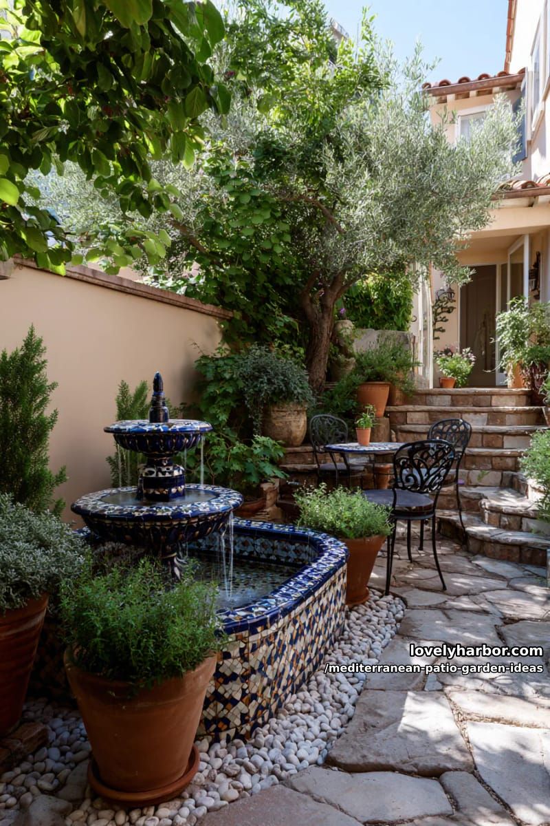 corner fountain with mediterranean tiles and lush olive-green shrubbery 1