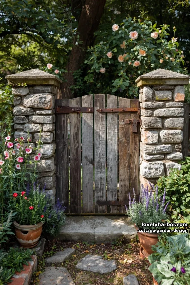 cottage garden entrance with rustic gate, stone pillars, and terracotta pots 1