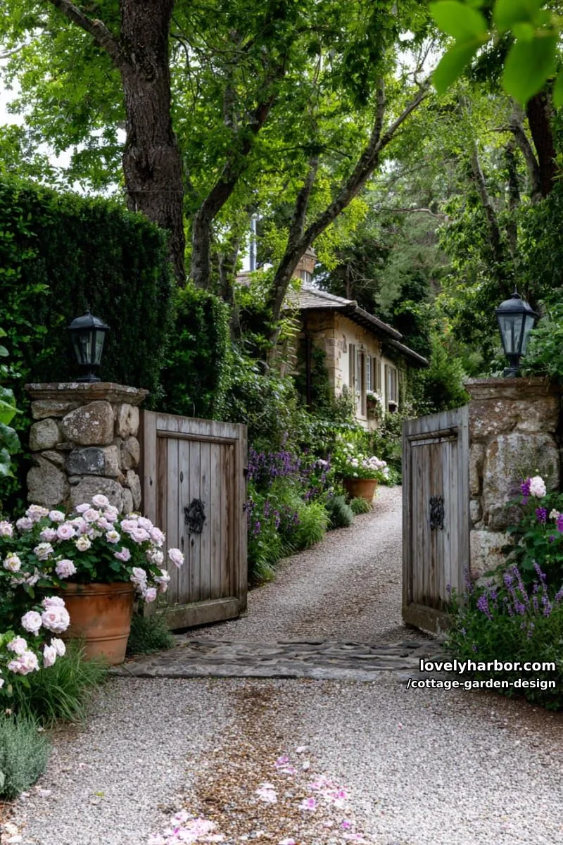 cottage garden entrance with rustic gate, stone pillars, and terracotta pots 1