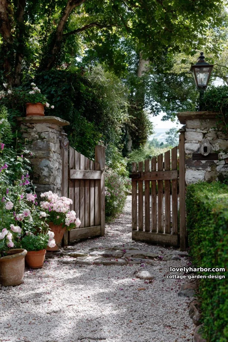 cottage garden entrance with rustic gate, stone pillars, and terracotta pots 1