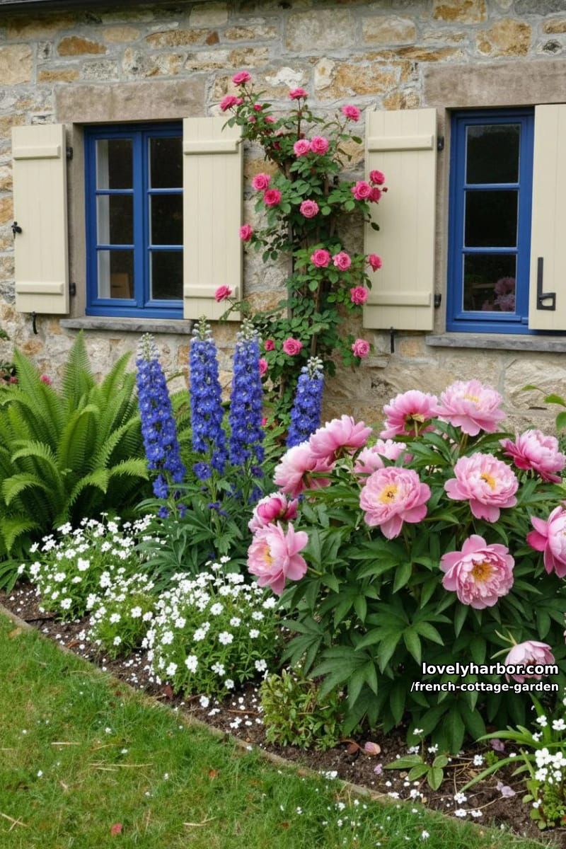 cottage garden with stone wall, blue windows, climbing roses, and lush flowers 1