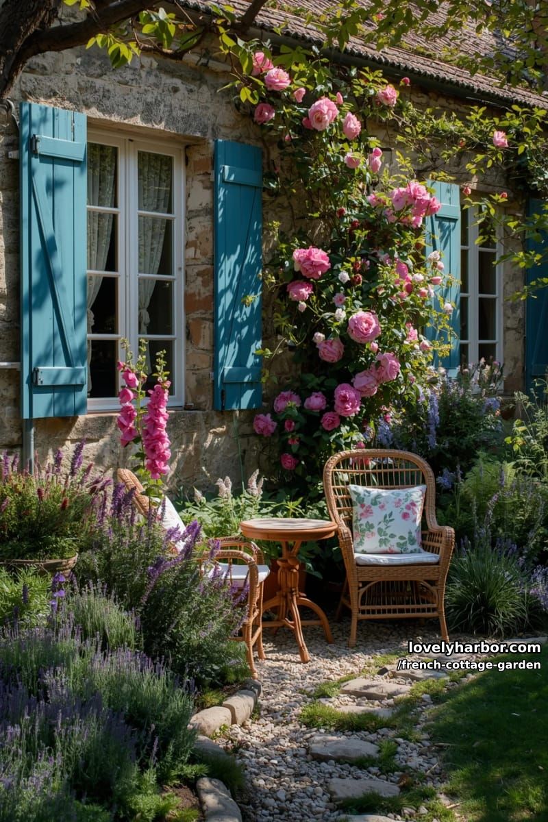 cottage garden with stone wall, blue windows, climbing roses, and lush flowers 1