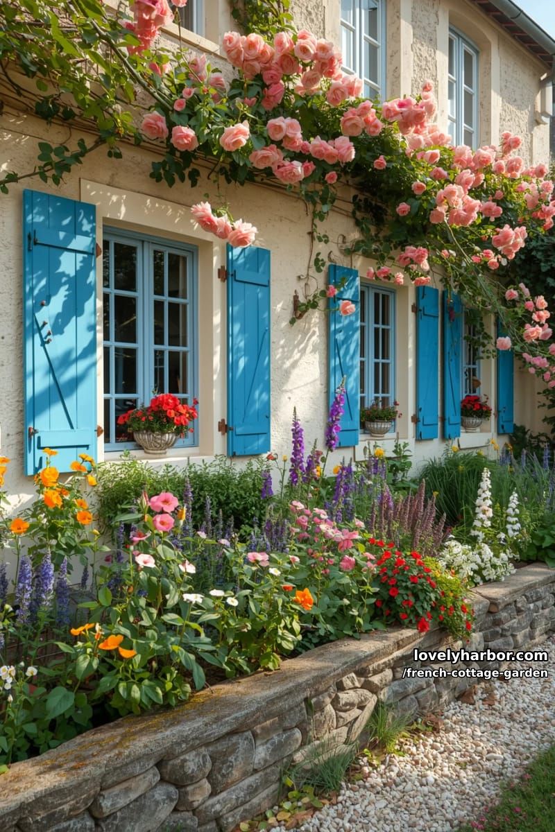 cottage garden with stone wall, blue windows, climbing roses, and lush flowers 1