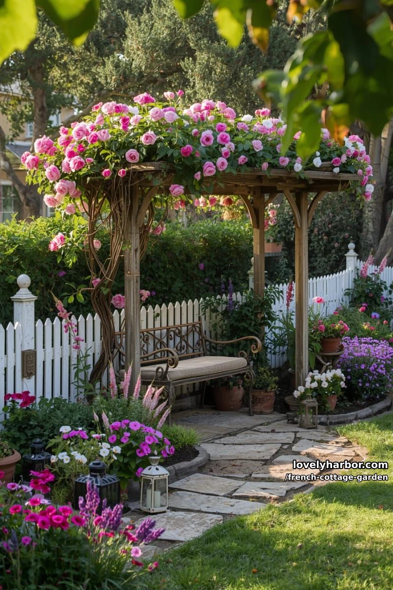 cottage garden with white picket fence, arbor, stone path, and colorful flowers 1