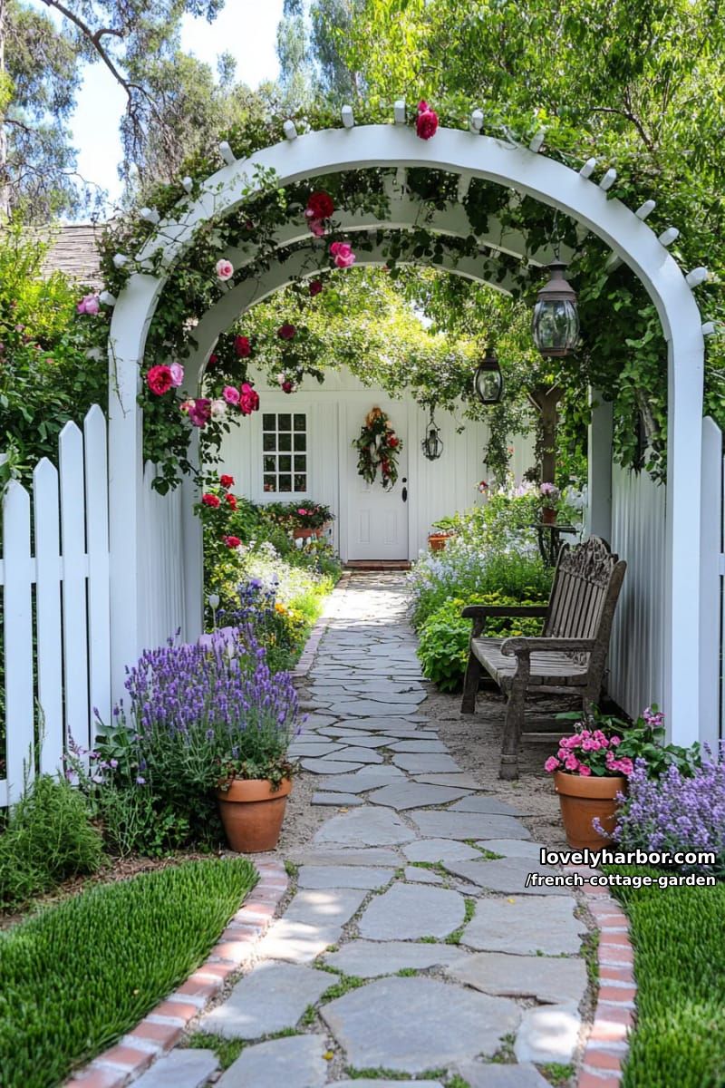 cottage garden with white picket fence, arbor, stone path, and colorful flowers 1