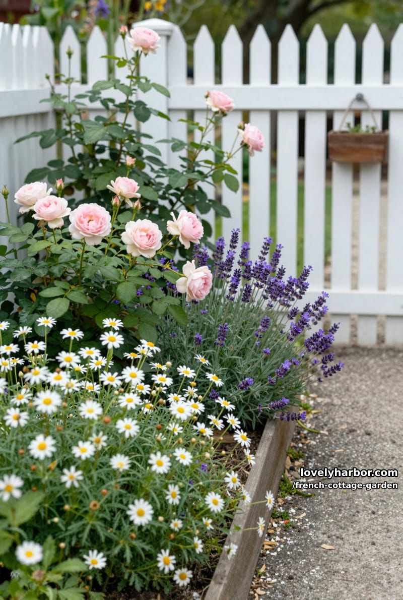 cottage garden with white picket fence, planter boxes, and overflowing blooms 1