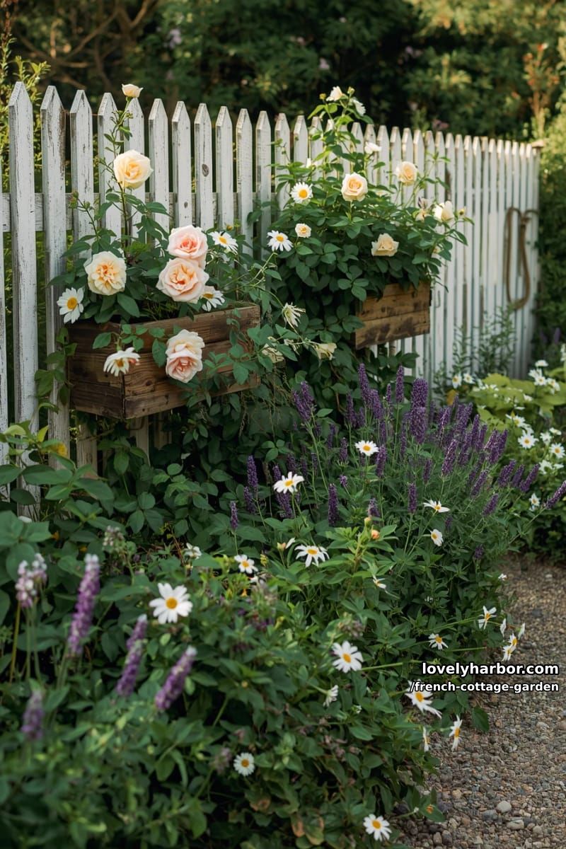 cottage garden with white picket fence, planter boxes, and overflowing blooms 1