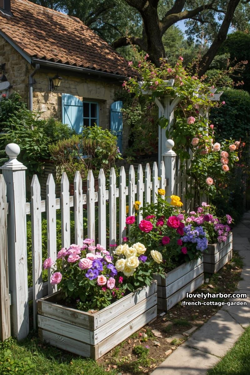 cottage garden with white picket fence, planter boxes, and overflowing blooms 1