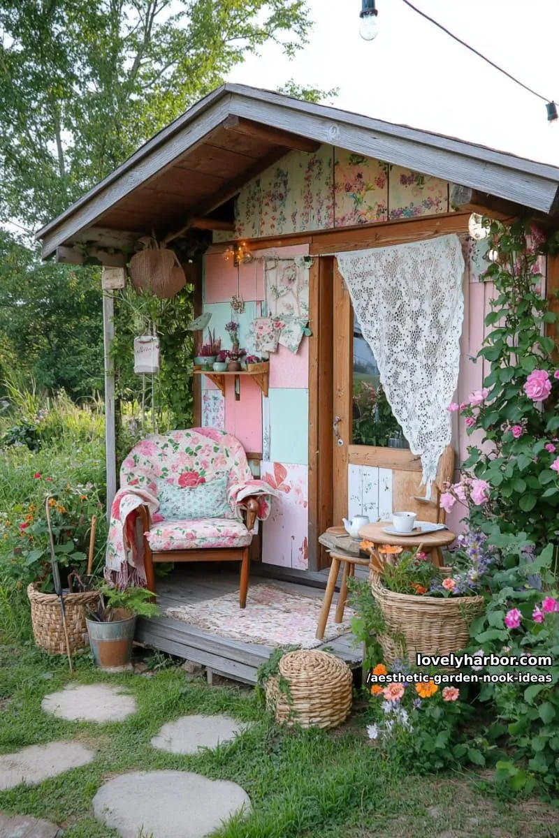 15 Aesthetic Garden Nook Ideas to Inspire Your Outdoor Escape 20 cottagecore shed retreat with floral wallpaper and mismatched furniture 1